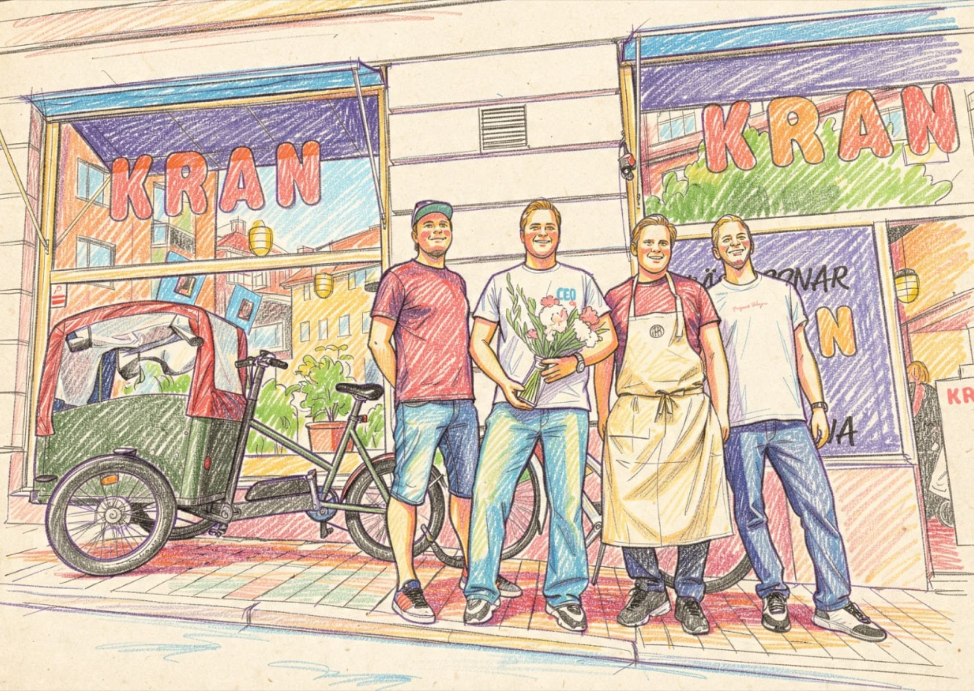 Tecknad illustration av de fyra grundarna utanför Krans entré